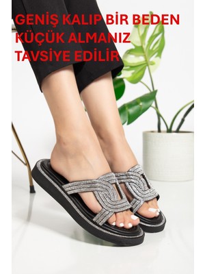 Tekin Shoes Siyah Renk Damla Taş Desenli Terlik