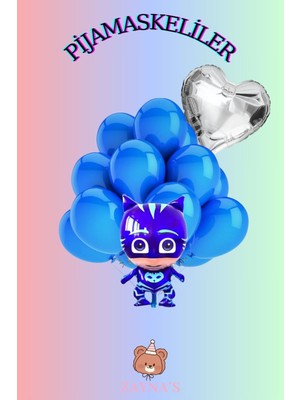Zayna's Pijamaskeliler Temalı Kedi Çocuk Baskılı Karakter Folyo Balon Seti Kalpli
