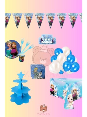 Zayna's Frozen Karlar Ülkesi Temalı 32 Kişilik Doğum Günü Parti Seti -Karlar Ülkesi Elsa Konsepti Kek Standı