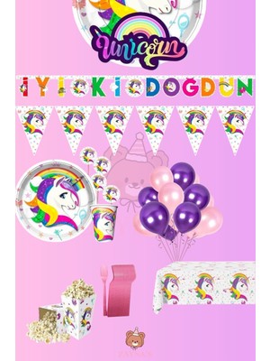 Zayna's Unicorn Temalı Kız Çocuk 24 Kişilik Full Set Doğum Günü Parti Malzemeleri