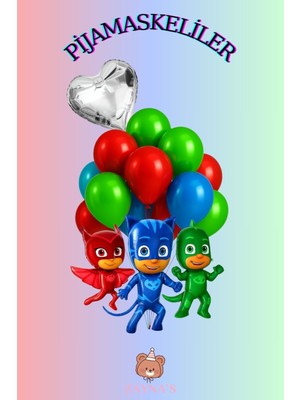Zayna's Pijamaskeliler 3 Lü Folyo Balon Seti Karakter Baskılı Balon Seti Kalpli