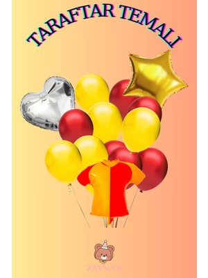 Zayna's Taraftar Temalı Sarı Kırmızı Forma Şekilli Folyo Balon Seti Kalp ve Yıldızlı