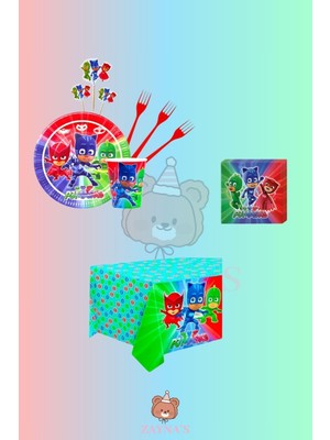 Zayna's Pijamaskeliler Temalı Kız Erkek Çocuk Konseptli 8 Kişilik Doğum Günü Parti Seti