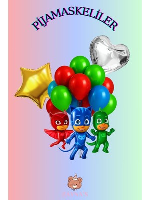 Zayna's Pijamaskeliler Folyo Balon 3 Lü Karakter Baskılı Folyo Balon Seti Yıldız ve Kalpli
