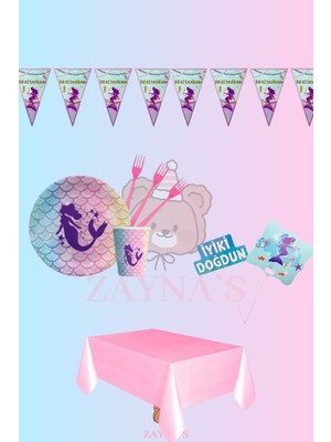 Zayna's Deniz Kızı Temalı Kız Çocuk Ekomini Set 8 Kişilik Doğum Günü Parti Malzemeleri