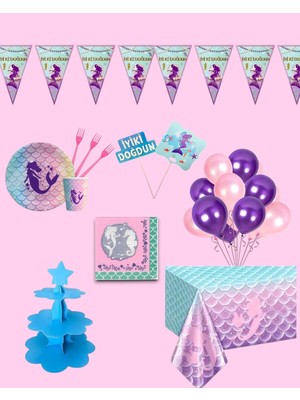 Zayna's Deniz Kızı Temalı 24 Kişilik Doğum Günü Parti Seti - Deniz Kızı Konsepti Kek Standı