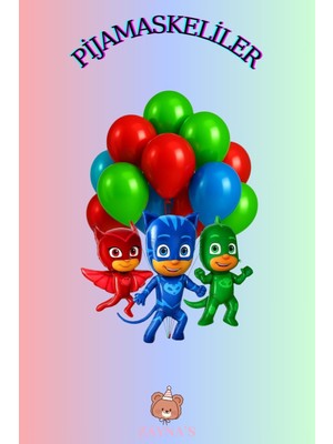 Zayna's Pijamaskeliler Temalı Karakter Baskılı 3 Lü Folyo Balon Seti