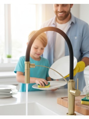 Deante Corda BRC_R72M Çift Akışlı Elastik Spiralli Altın Mutfak Evye Bataryası | Bal Peteği Aeratör, sessiz kullanım