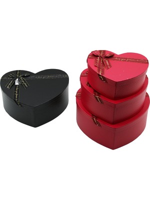 Senson 3pcs Kalp Mat Mix Renkli - Kabartma Desen Karton Hediye Kutusu Kurdelalı 31X28-27X24-23X20CM (5224)