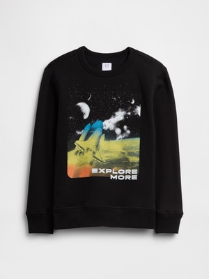 Gap Erkek Çocuk Siyah Bisiklet Yaka Grafik Sweatshirt