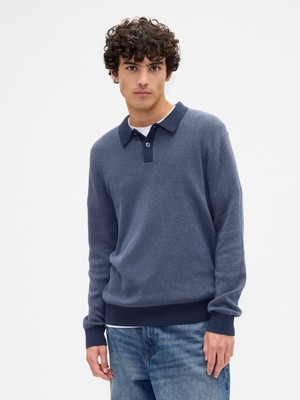 Gap Erkek Lacivert Relaxed Textured Polo Kazak Gömlek