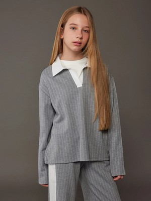 LC Waikiki Kids Gri Polo Yaka Pamuklu Interlok Kumaş Çizgili Kız Çocuk Sweatshirt ve Tayt Takım