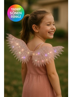 Toyfest Rose Renk Işıklı Melek Kanadı Çocuk Kostüm Aksesuarı Şeffaf Parlak Işıltılı Kanat 3 - 7 Yaş