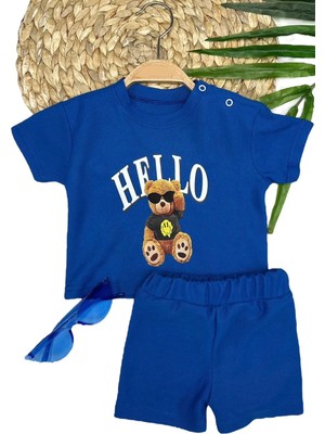 Moda Şahsenem 9-12-18-24 Ay Hello Gözlüklü Ayıcık Baskılı Şortlu Kısa Kollu Tişört 2li Erkek Bebek Takımı