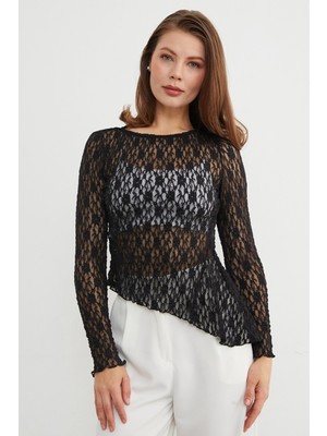 FullaModa Likralı  Asimetrik Dantel Bluz