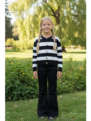 FullaModa Çizgili Düğmeli Kız Çocuk Triko Hırka