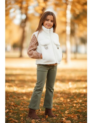 FullaModa Cepli Kemer Detaylı Dik Yaka Kız Çocuk Pelüş Yelek