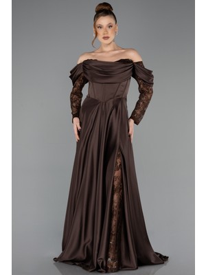 Abiyefon Dantel Uzun Kol Kayık Yaka Saten Büyük Beden Abiye ABU5261