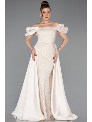 Abiyefon Kayık Yaka Saten Kuyruklu Uzun Boncuklu Abiye ABU5154