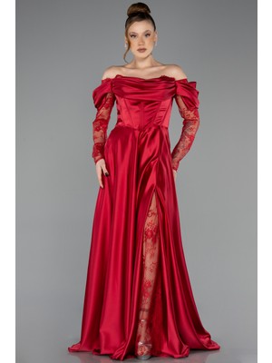 Abiyefon Dantel Uzun Kol Kayık Yaka Saten Abiye ABU5054