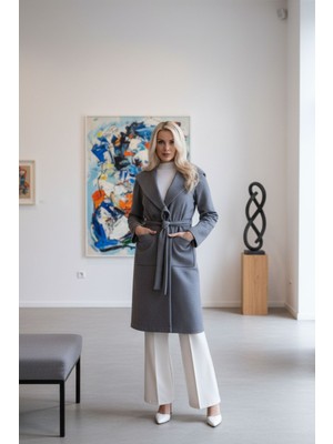 Feminist Gri Çift Cepli Kemer Bağlamalı Kapüşonlu Yün Kaban 0108089.06