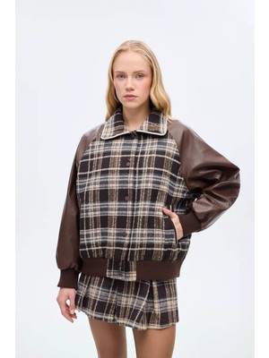 Quzu Deri Garnili Ekose Kahverengi Kadın Ceket CKT01279