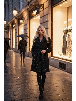 Feminist Siyah Şal Yaka Çift Cepli Düğme Kapamalı Kemerli Peluş Kaban 0108088.01