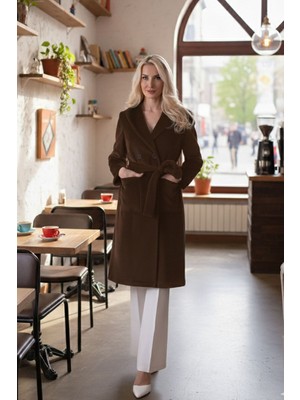 Feminist Kahve Çift Cepli Kemer Bağlamalı Kapüşonlu Yün Kaban 0108089.05