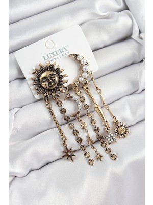 AyrStore Pirinç Zirkon Taşlı Güneş ve Ay Figürlü Eskitme Model Sallantılı Küpe