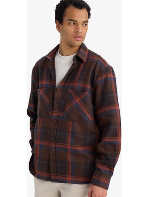 DeFacto Regular Fit Polo Yaka Kareli Flanel Uzun Kollu Gömlek G2331AX25AU