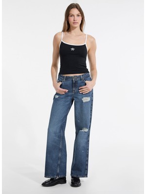 Guess Jeans Yüksek Bel Geniş Paça Relaxed Lacivert Kadın Denim Pantolon Guess Jeans Kadın Relaxed Fit Jean