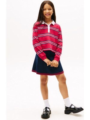 Tommy Hilfiger Lastikli Bel Regular Fit Lacivert Çizgili Diz Üstü Kız Çocuk Etek KG0KG08913C1G