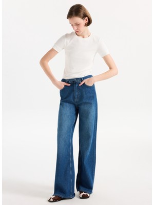 Lee Cooper Maldiv Yüksek Bel Geniş Paça Kesim Geniş Paça Mavi Kadın Jean Pantolon