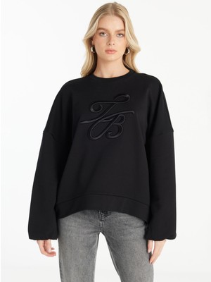Ted Baker Bisiklet Yaka Nakışlı Siyah Kadın Sweatshırt TBWRTS1023