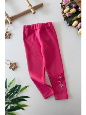 Miniğimin Cicileri Çiçek Nakışlı Kız Çocuk Tayt - Fuşya