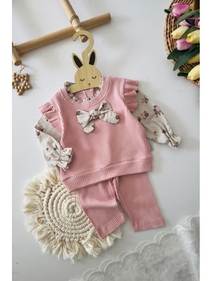 Miniğimin Cicileri Fiyonk Detaylı Çiçek Desenli Bluzlu 3 Lü Kız Takımı - Pembe