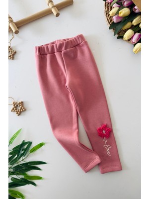 Miniğimin Cicileri Çiçek Nakışlı Kız Çocuk Tayt - Gül Kurusu