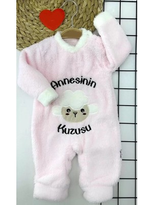 Moda Şahsenem 3-6-9-12 Ay Kuzu Tüylü Kumaş Annesinin Kuzusu Nakışlı Alttan Çıtçıtlı Kız Erkek Bebek Tulumu Pembe