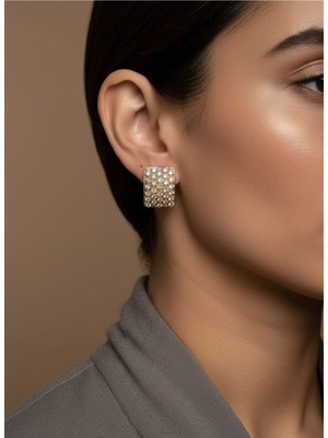 NKT Collection Taşlı Kare Tasarım Altın Renk Kadın Küpe