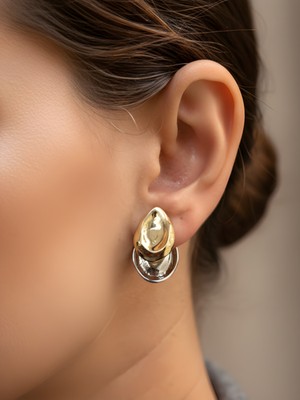 NKT Collection Altın Gümüş Renk Karışımlı Damla Form Parlak Metalik Kadın Küpe