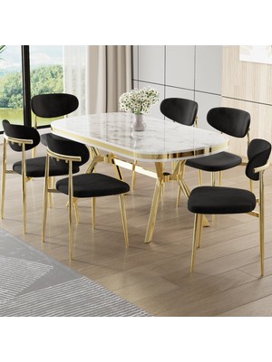 Canisa Olya Serisi 90X168 Lak Panel Beyaz Mermer Desen Masa Takımı Gold Ayaklı 6 Sandalye