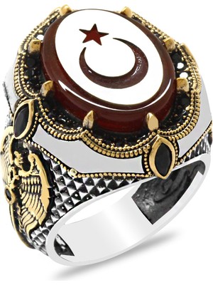 Tesbihane Kırmızı Kehribar Üzerine Ayyıldız Desenli Çift Başlı Kartal Detaylı 925 Ayar Gümüş Erkek Yüzük