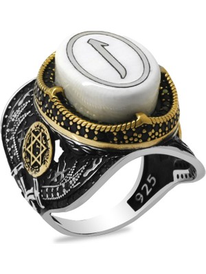 Tesbihane Fildişi Üzerine Arapça Elif Işlemeli Kenarları Zirkon Taşlı Koleksiyonluk 925 Ayar Gümüş Erkek Yüzük