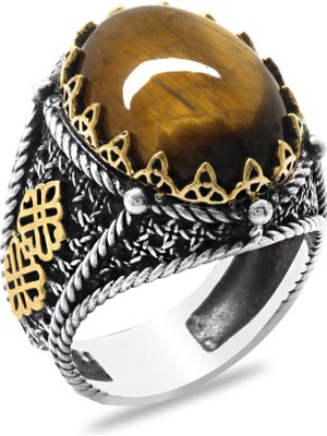 Tesbihane Kaplan Gözü Taşlı Kral Tacı Tasarım 925 Ayar Gümüş Erkek Yüzük