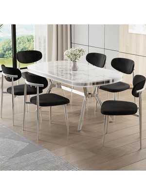 Canisa Olya Serisi 90X168 Lak Panel Beyaz Mermer Desen Masa Takımı Krom Ayaklı 6 Sandalye
