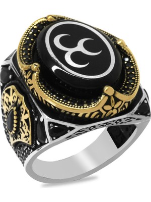 Tesbihane Erzurum Oltu Taşı Üzerine Üç Hilal Işleme Kenarları Zirkon Koleksiyonluk 925 Ayar Gümüş Erkek Yüzük