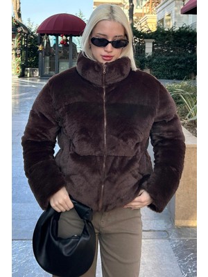 Madmext Kahverengi Dik Yaka Kadın Kürklü Mont MG2259