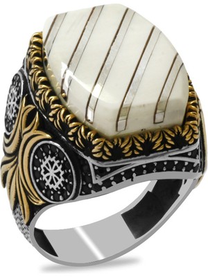 Tesbihane Fildişi Üzerine Gümüş Çapraz Şerit Işlemeli Alev Süslemeli Koleksiyonluk 925 Ayar Gümüş Erkek Yüzük