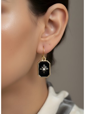 NKT Collection Siyah Dikdörtgen Form Altın Çerçeveli Taş Detay Modern Kadın Küpe