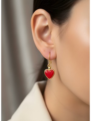 NKT Collection Kırmızı Kalp Form Altın Çerçeveli Sedef Görünümlü Modern Kadın Küpe